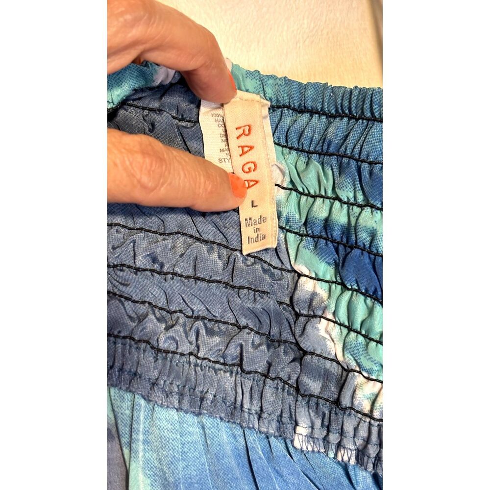 Raga Blue White Tie-Dye Maxi Dress L Bohemian Tiered V-Neck Lace Trim - Picture 6 of 6